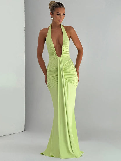 Deep V-Neck Halter Sleeveless Backless Ruched Maxi Dress