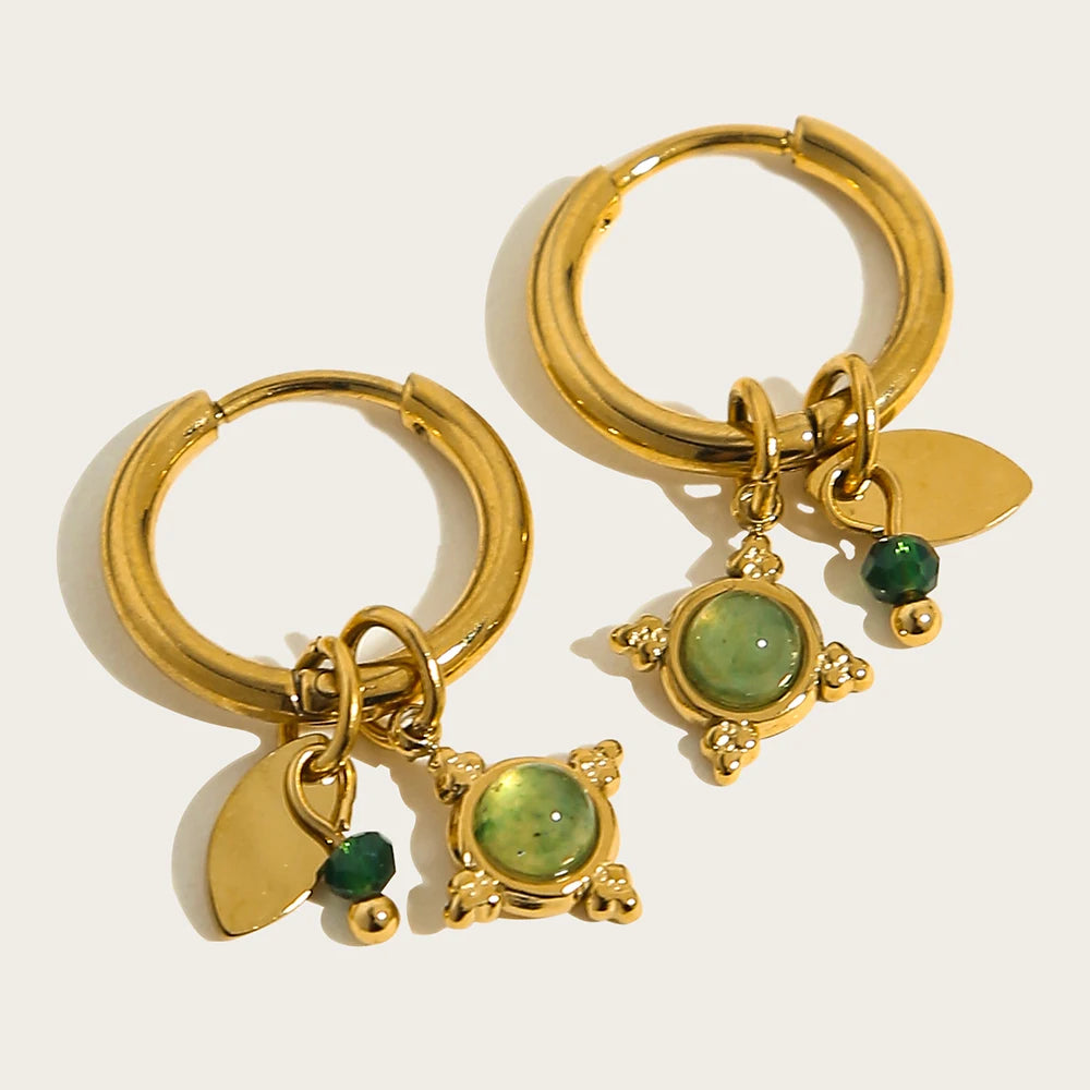 18K Gold Plated Stainless Steel Hoop Earrings with Natural Green Stone