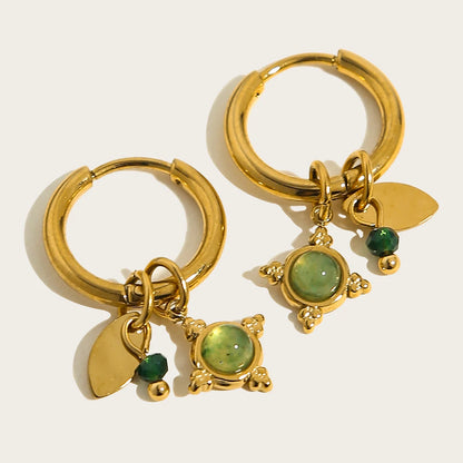 18K Gold Plated Stainless Steel Hoop Earrings with Natural Green Stone
