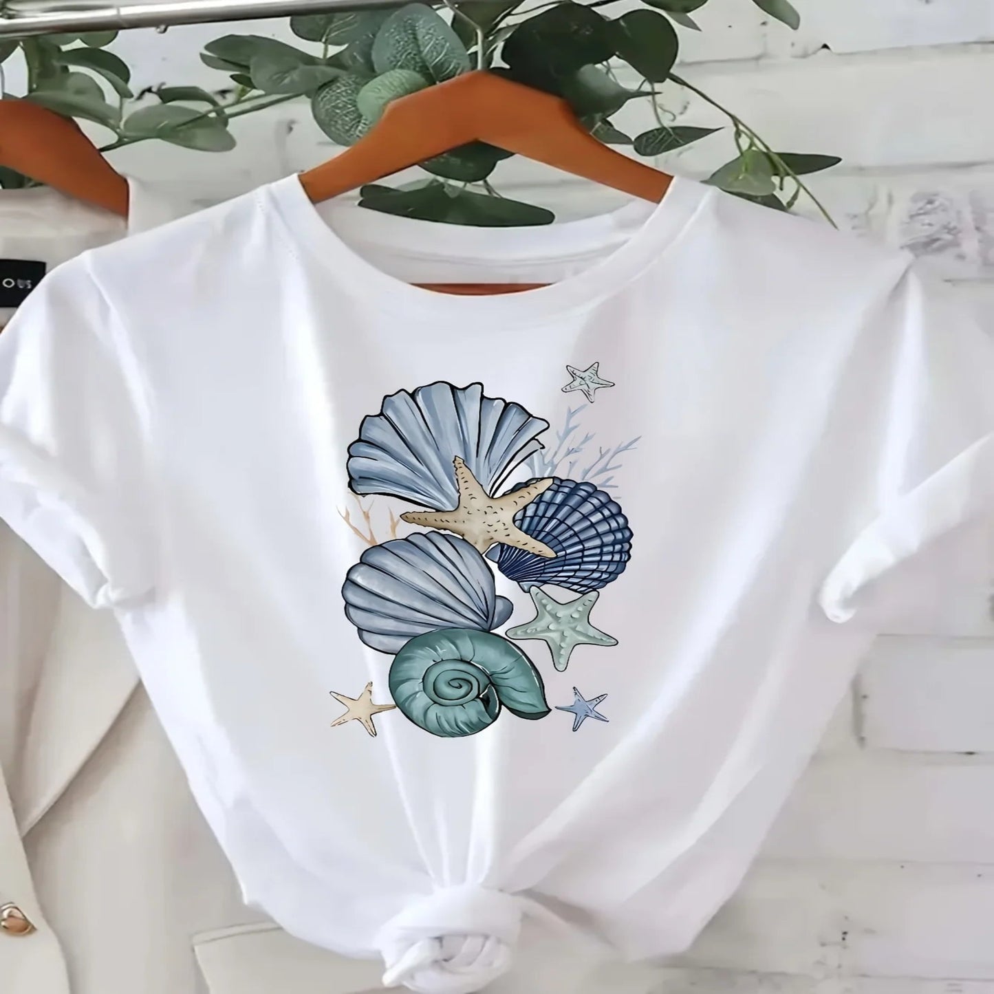 Coastal Seashell & Starfish Print Short Sleeve T-Shirt