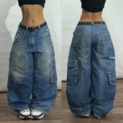 Relaxed Fit Wide Leg Denim Pants with Geometric Embroidery