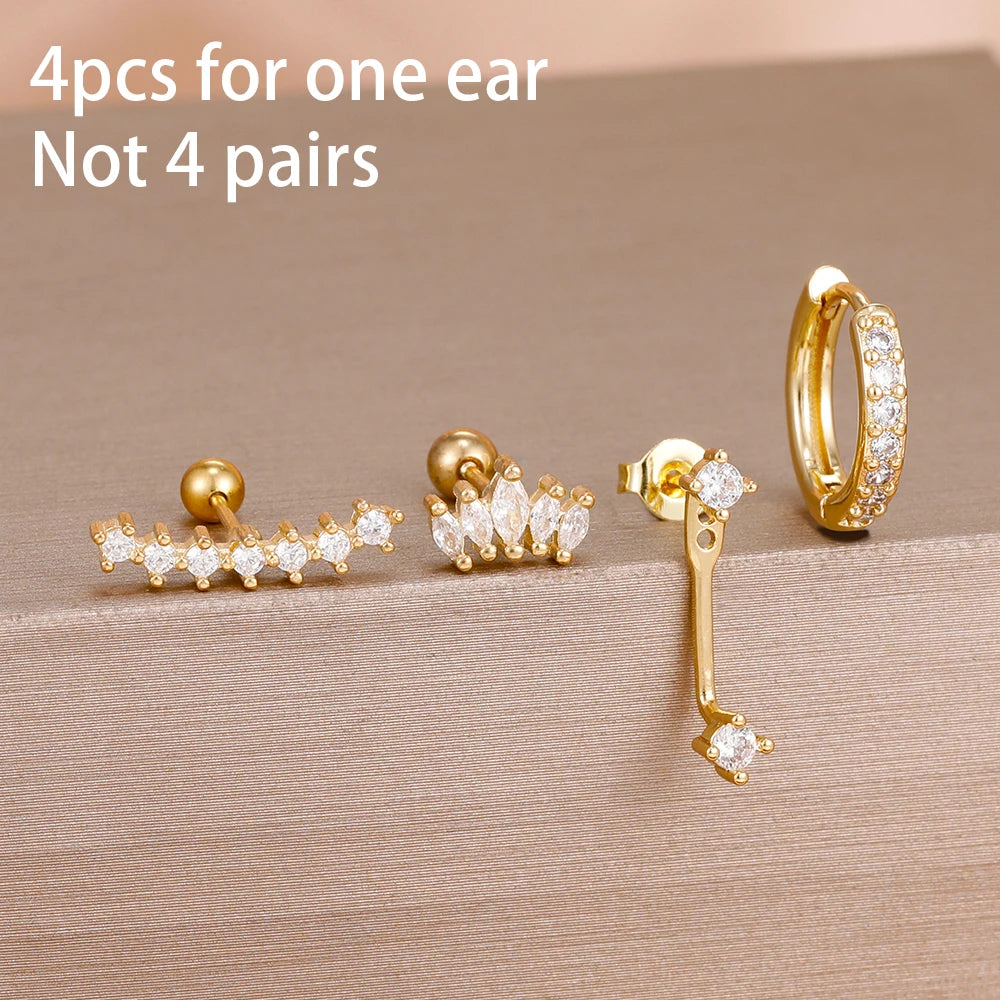 4-Piece Stainless Steel Zircon Huggie Hoop Earrings Set for Women