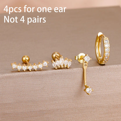 4-Piece Stainless Steel Zircon Huggie Hoop Earrings Set for Women