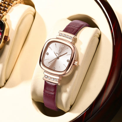 Luxury Square Leather Quartz Wrist Watch with Crystal Accents