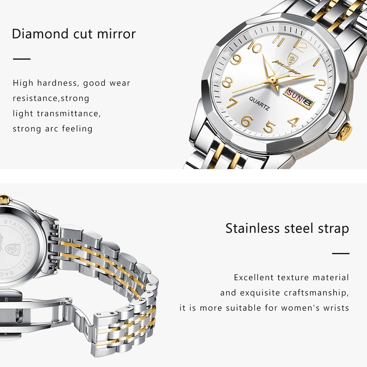 Luxury Stainless Steel Quartz Wrist Watch with Luminous Week & Date Display