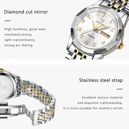 Luxury Stainless Steel Quartz Wrist Watch with Luminous Week & Date Display