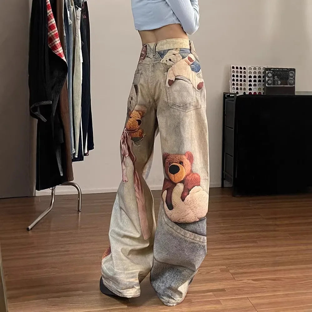 High-Waist Colorful Bear Print Straight-Leg Denim Jean