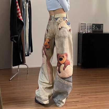 High-Waist Colorful Bear Print Straight-Leg Denim Jean