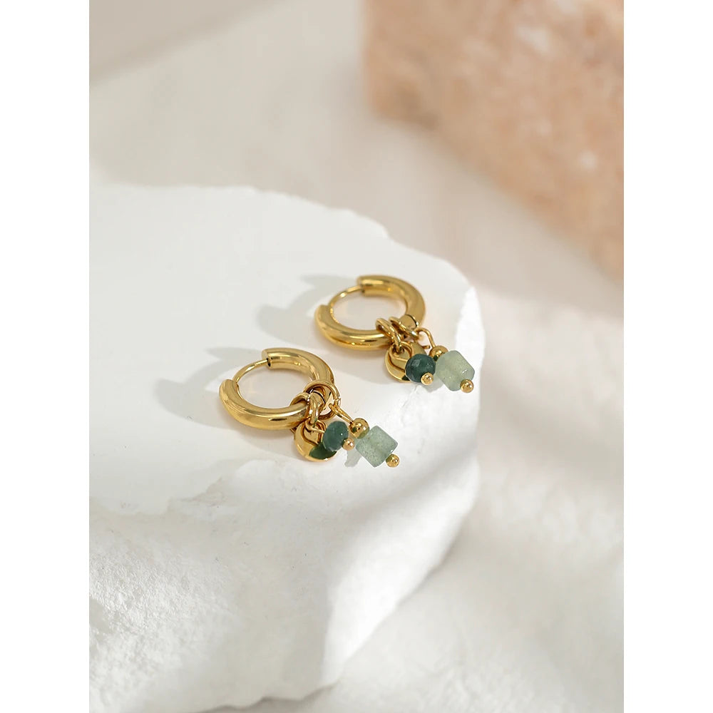 18K Gold Plated Stainless Steel Hoop Earrings with Natural Green Stone