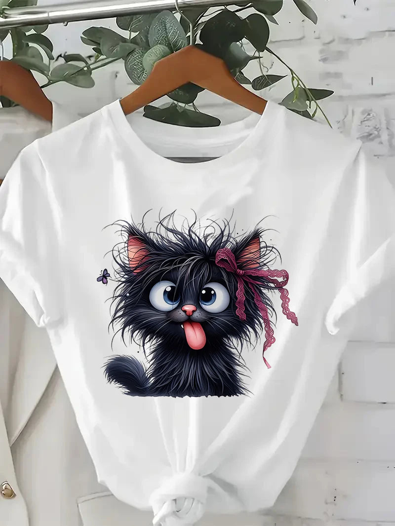 Funny Fried Cat Graphic Short Sleeve Casual T-Shirt