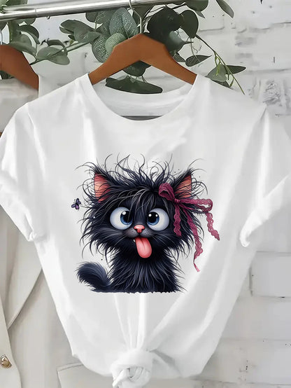 Funny Fried Cat Graphic Short Sleeve Casual T-Shirt