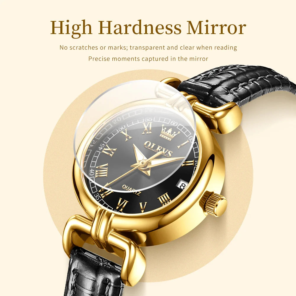 Luxury Vintage Gold Quartz Wrist Watch with Roman Numeral Dial & Leather Strap