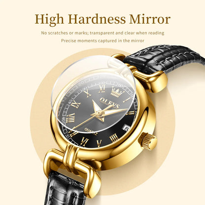 Luxury Vintage Gold Quartz Wrist Watch with Roman Numeral Dial & Leather Strap