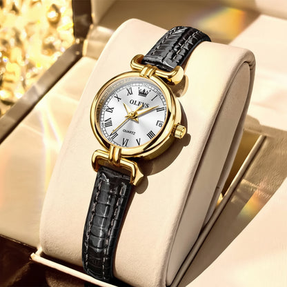 Luxury Vintage Gold Quartz Wrist Watch with Roman Numeral Dial & Leather Strap