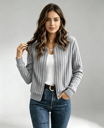 Ladies Autumn Winter Solid Color Ribbed Zipper Long Sleeve Jacket Outerwear