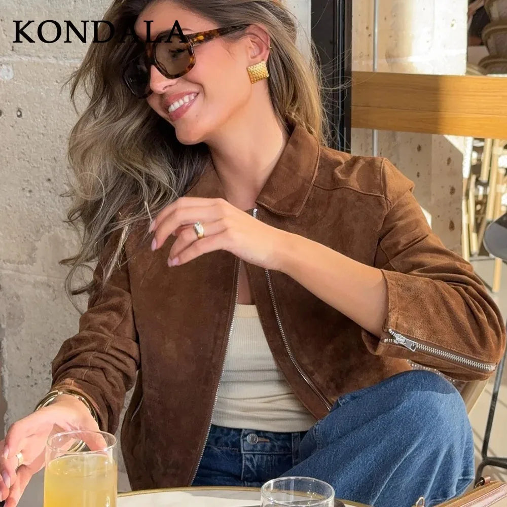 KONDALA 2025 Fall Winter Suede Zip Up Streetwear Women Jackets Fashion Casual Turndown Collar Brown Chic Elegant Ladies Jackets