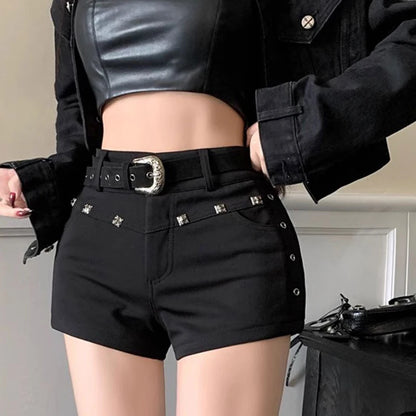 High Waist Black Denim Shorts with Metal Rivet Detail