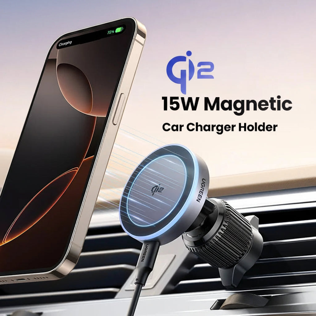 15W Magnetic Wireless Car Charger Phone Holder with LED Light for iPhone 16, 17 Pro Max & MagSafe Compatible Devices