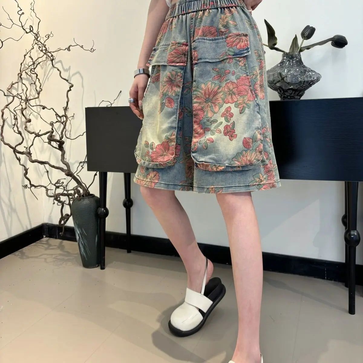 High Waist Floral Print Denim Shorts with Utility Pockets