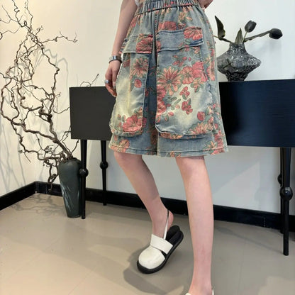 High Waist Floral Print Denim Shorts with Utility Pockets