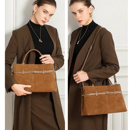 BURMINSA Large Genuine Suede Leather Work Tote Bag Women Vintage Cowhide Top Handle Shoulder Bag Daily Office Commuter Handbags