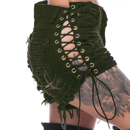 Side Lace-Up Distressed Casual Denim Shorts