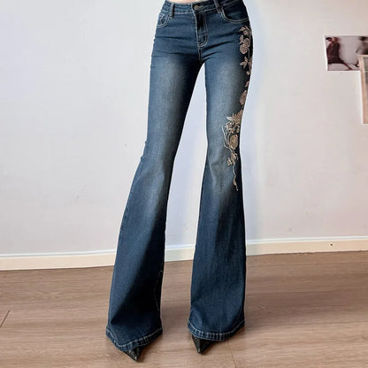 Low-Rise Flared Denim Jeans with Embroidered Distressed Wash