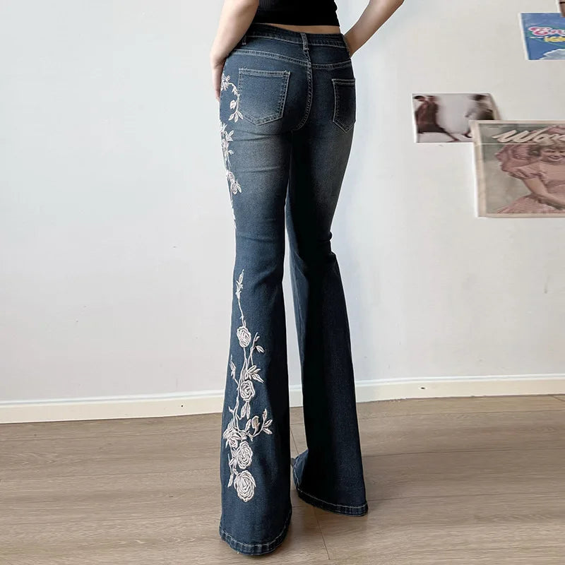 Low-Rise Flared Denim Jeans with Embroidered Distressed Wash