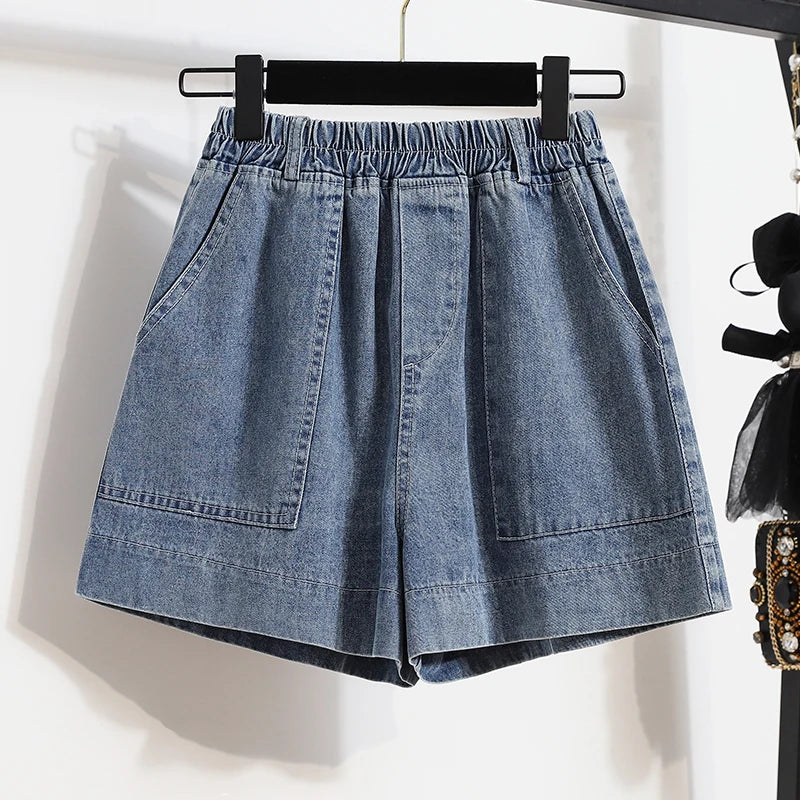 High Waist Plus Size Loose Fit Wide Leg Stretch Denim Shorts