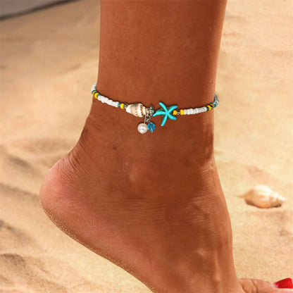 Bohemian Turquoise Starfish Beaded Anklet with Adjustable Chain