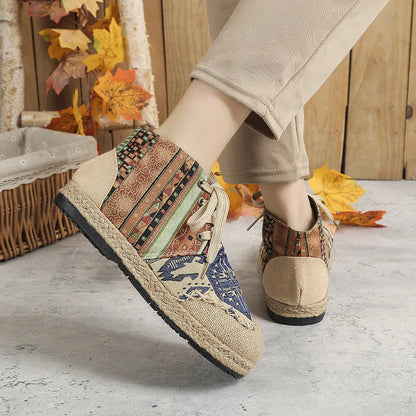 High-Top Embroidered Handmade Linen Lace-Up Shoes