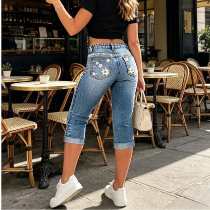 Premium High-Waist Stretch Denim Capri Jeans with Slim Fit