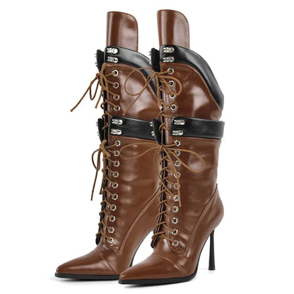 Premium Pointed Toe Lace-Up Stiletto Mid-Calf Boots