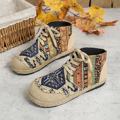High-Top Embroidered Handmade Linen Lace-Up Shoes