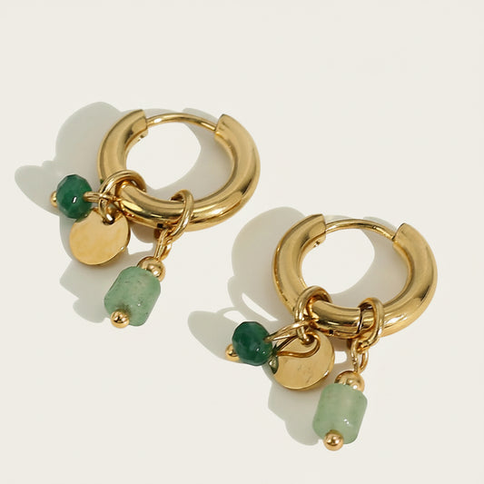 18K Gold Plated Stainless Steel Hoop Earrings with Natural Green Stone