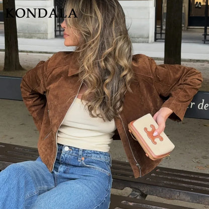 KONDALA 2025 Fall Winter Suede Zip Up Streetwear Women Jackets Fashion Casual Turndown Collar Brown Chic Elegant Ladies Jackets