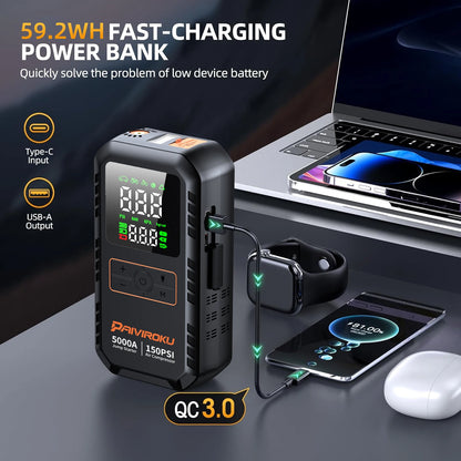 4-in-1 5000A Car Jump Starter with 150 PSI Air Compressor, Tire Inflator & Portable Power Bank