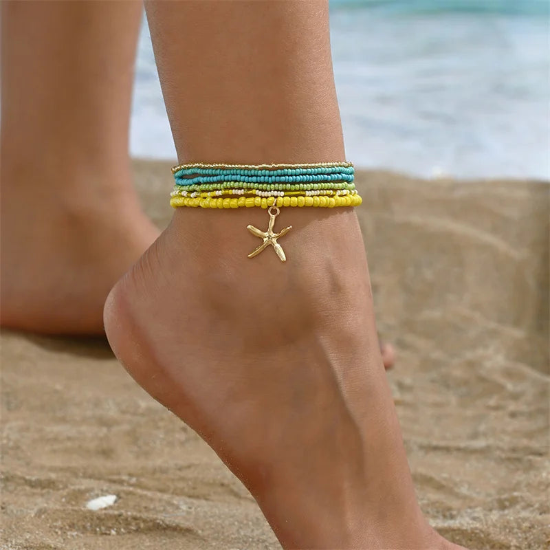 Bohemian Multi-Layer Beaded Anklet Set with Starfish Charm for Women
