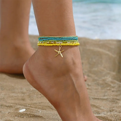 Bohemian Multi-Layer Beaded Anklet Set with Starfish Charm for Women