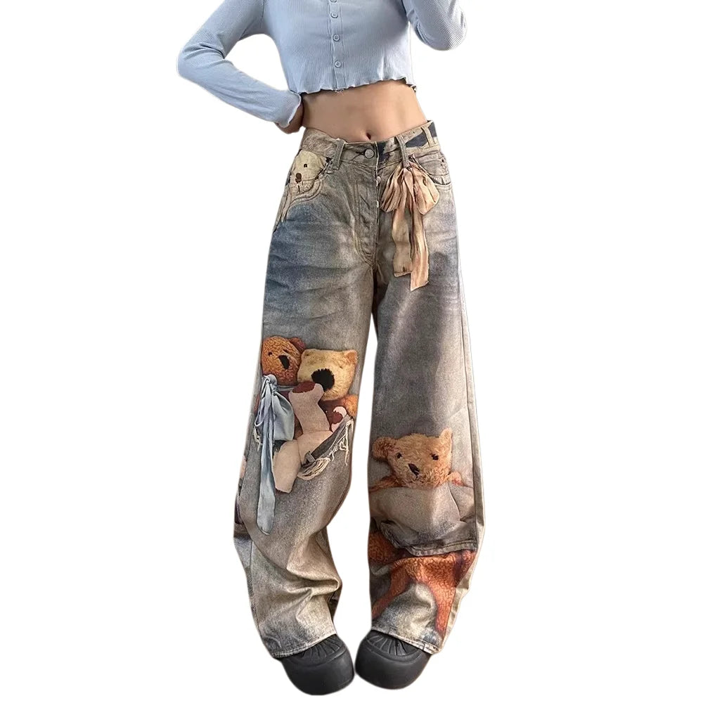 High-Waist Colorful Bear Print Straight-Leg Denim Jean
