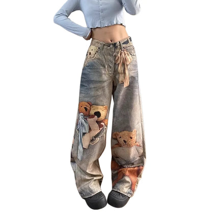 High-Waist Colorful Bear Print Straight-Leg Denim Jean