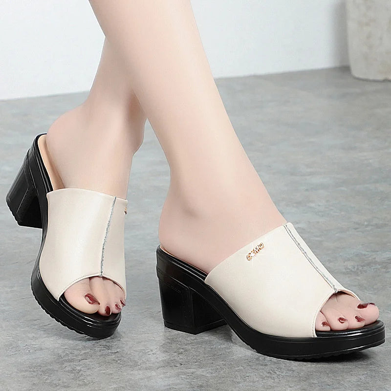 Women's Platform Peep Toe Mule Sandals with Chunky Heel