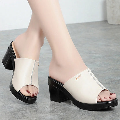 Women's Platform Peep Toe Mule Sandals with Chunky Heel