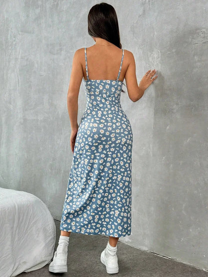 Strapless Floral Print Maxi Dress with High Slit