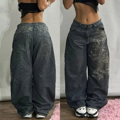 Relaxed Fit Wide Leg Denim Pants with Geometric Embroidery