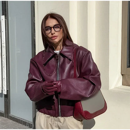 Faux Leather Lapel Zipper Jacket