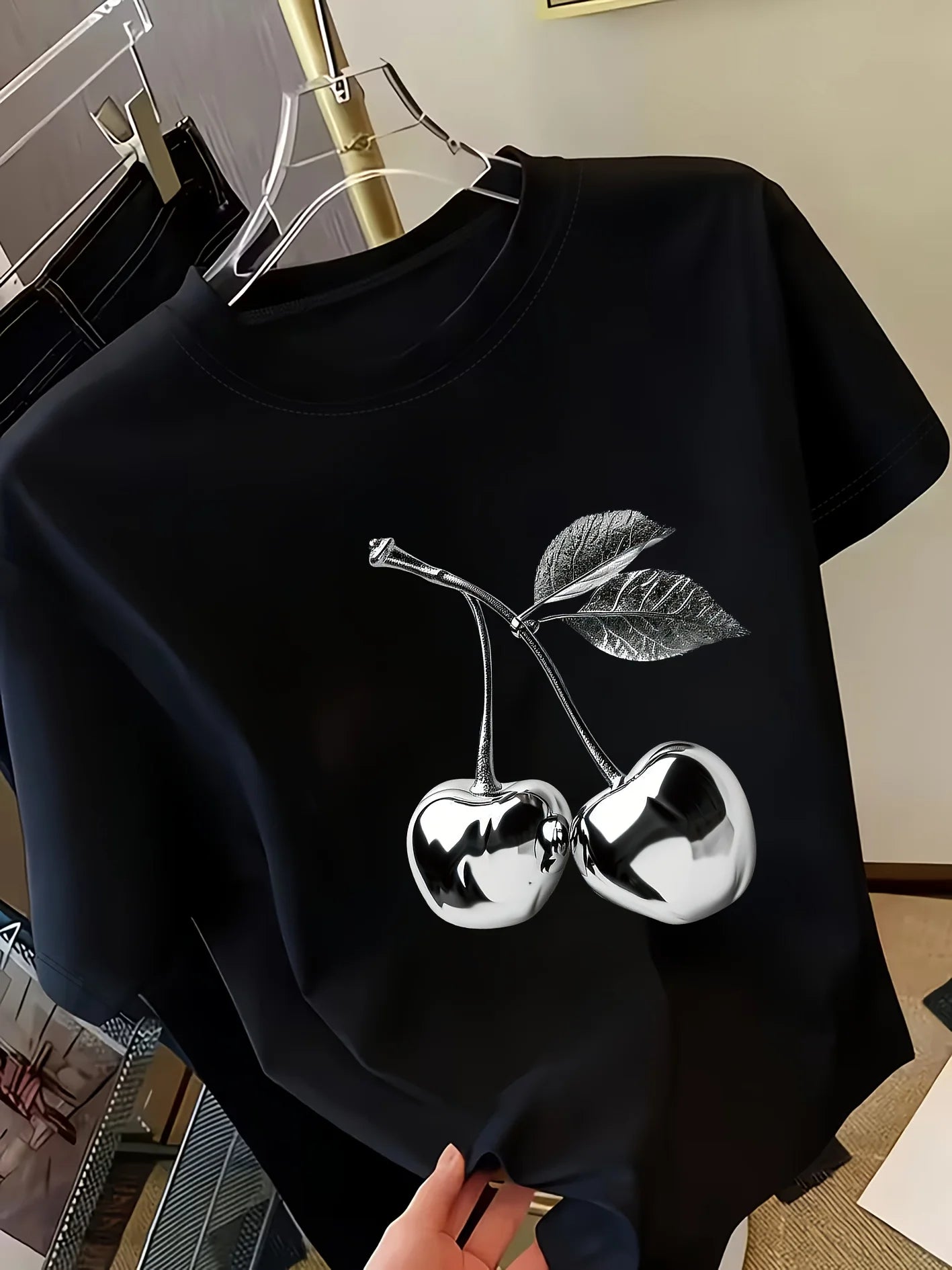 Golden Cherry Print Short Sleeve Casual T-Shirt