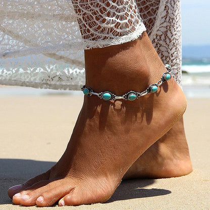 Bohemian Turquoise Starfish Beaded Anklet with Adjustable Chain