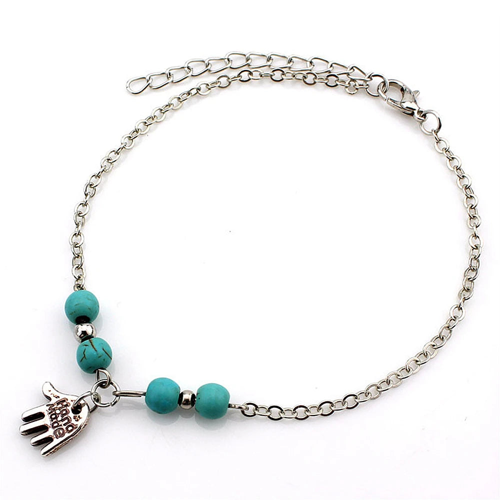 Bohemian Turquoise Starfish Beaded Anklet with Adjustable Chain