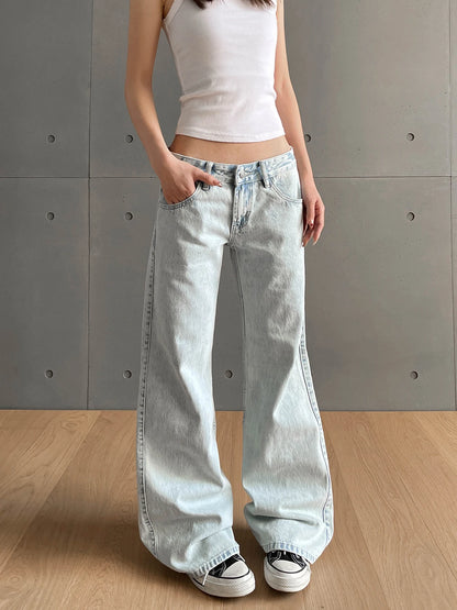 Luxury Vintage Washed Straight Leg Denim Jeans with Classic Low-Rise Fit
